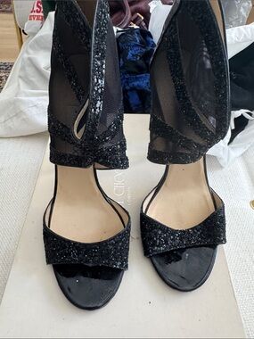 Jimmy Choo Black Glitter Mesh Ankle-Heel Sandals